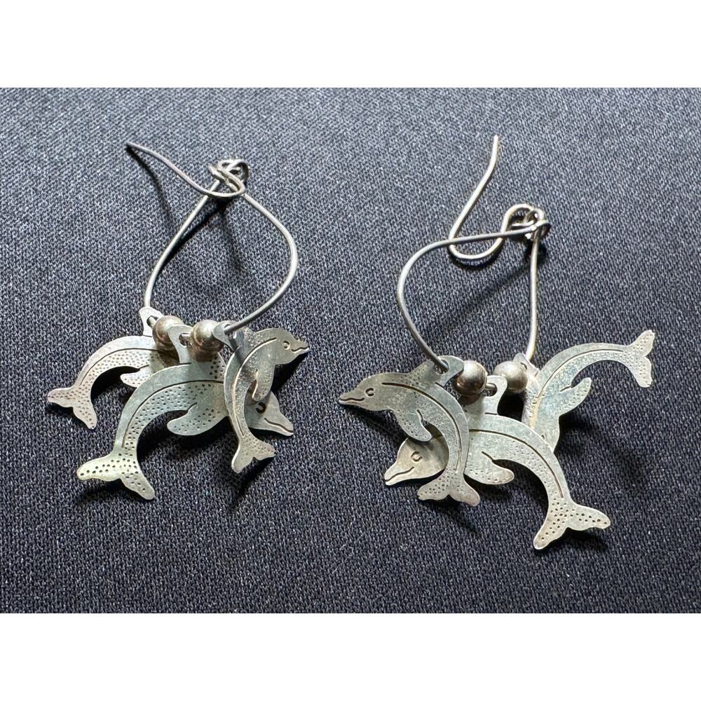 Vintage Sterling 925 Dangling Dolphins Shepard Hook Earrings